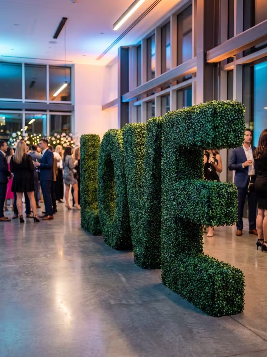Three-dimensional boxwood hedge letters spelling a brand name at a product launch event