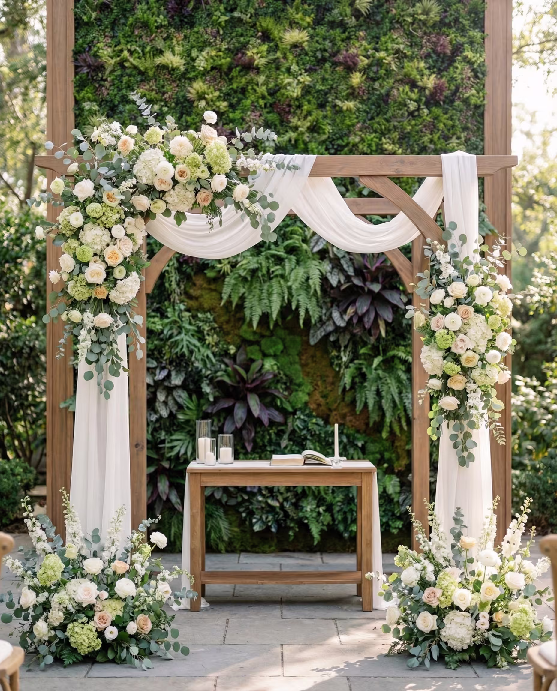 Custom-fabricated champagne wall integrated into a hedge backdrop at a wedding reception
