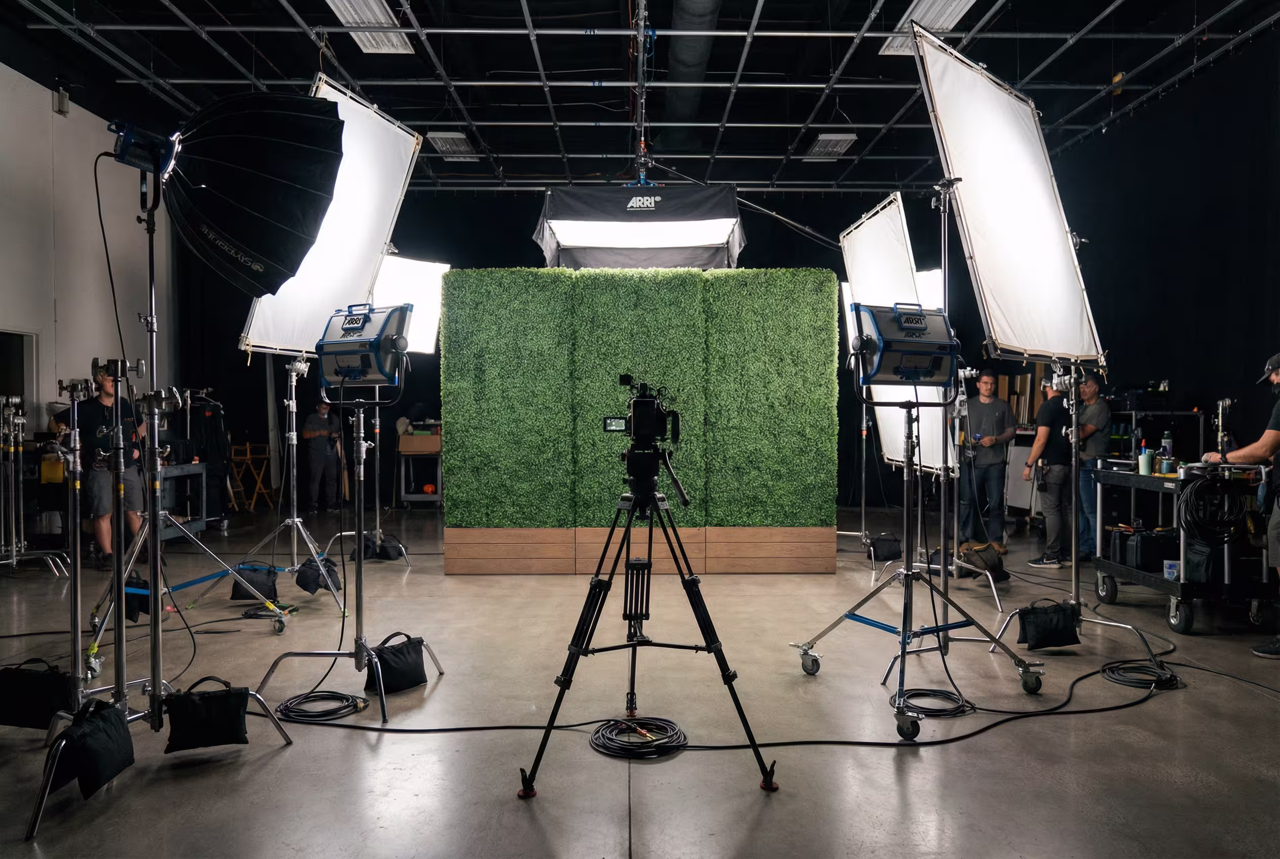Professional hedge wall scenic backdrop on a film studio set with production lighting