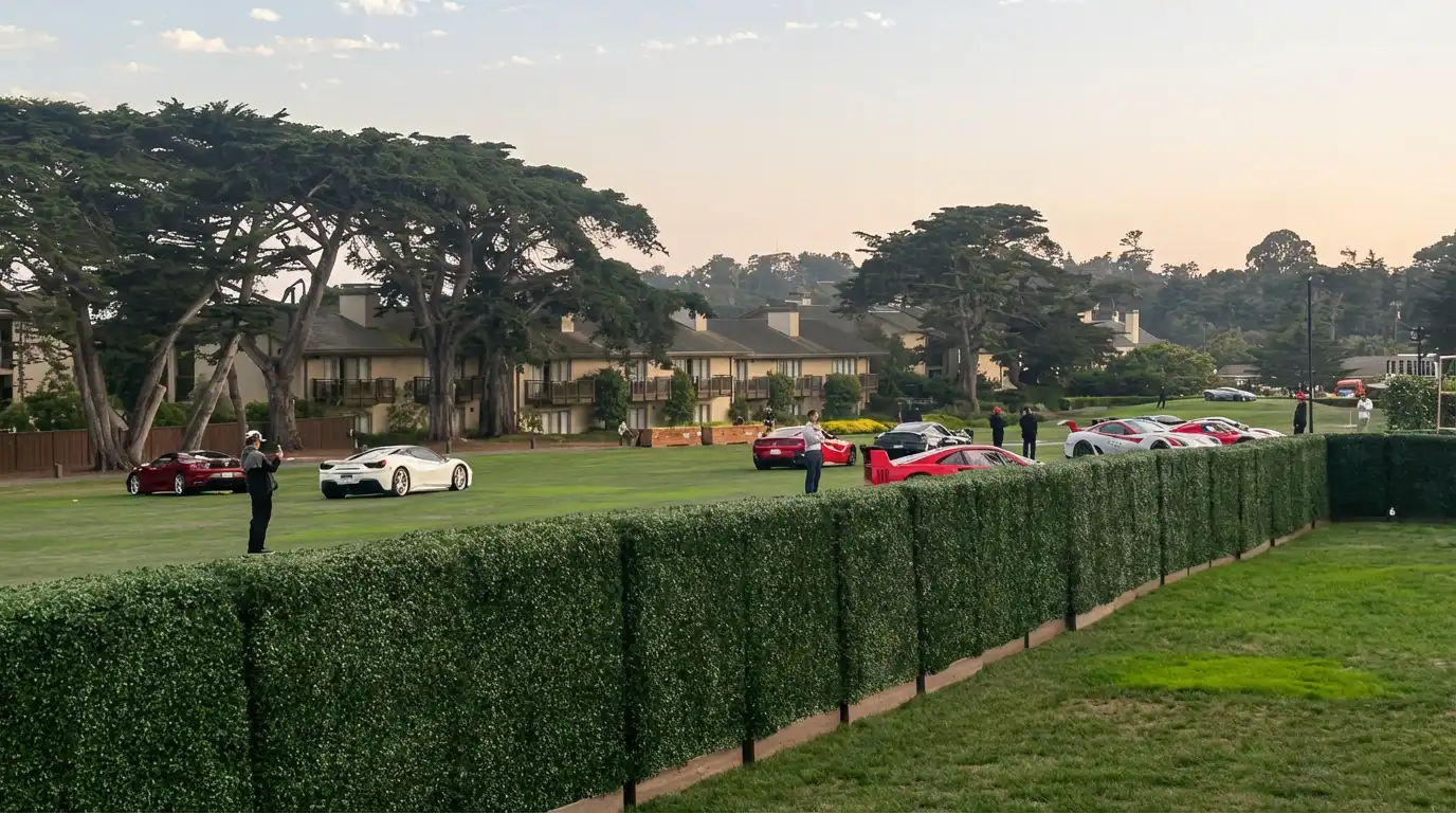 Branded hedge wall build for Casa Ferrari during Monterey Car Week