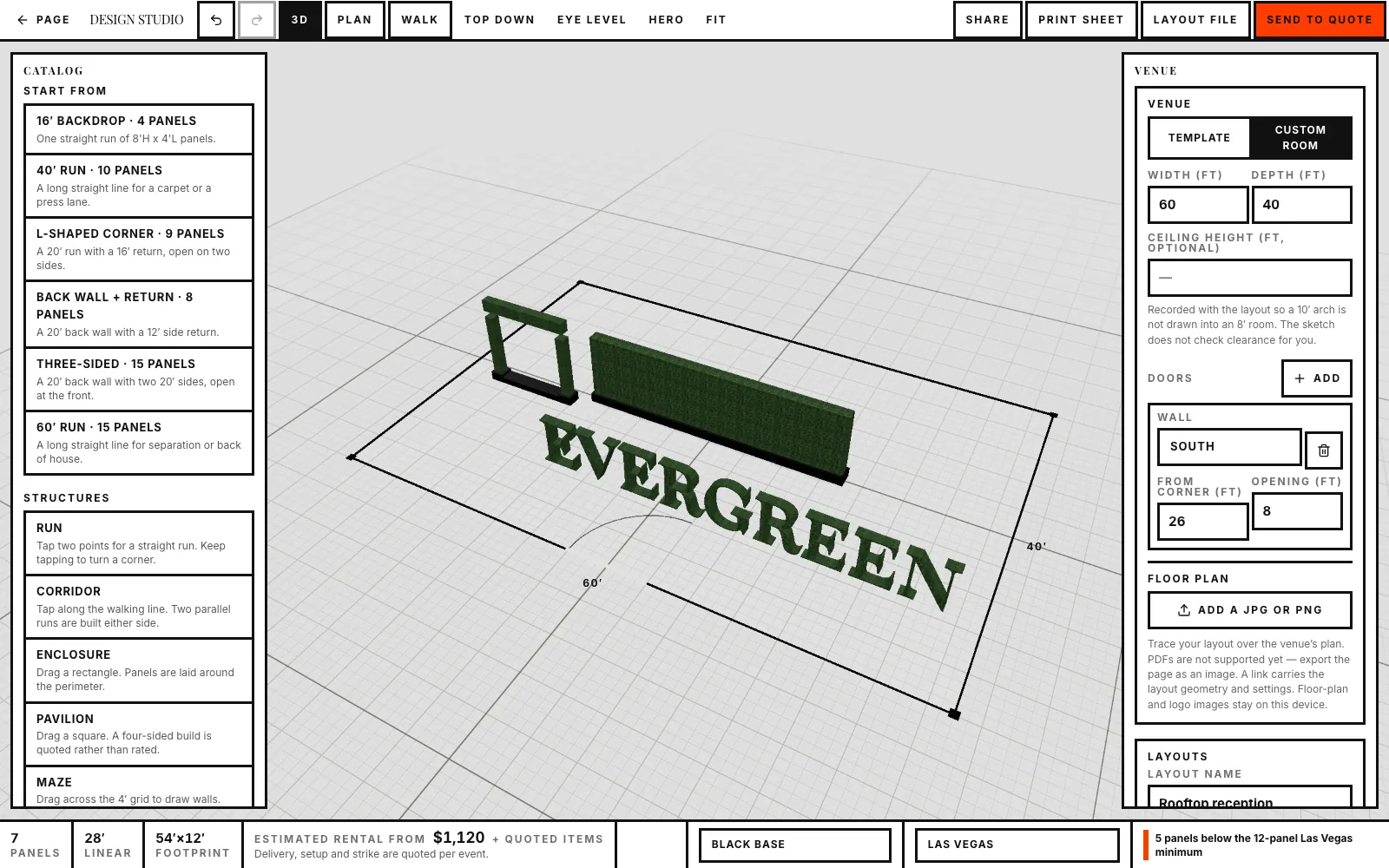 The Design Studio workspace: hedge panels arranged to scale in a 3D preview, with panel counts, linear feet and an estimated rental along the bottom.